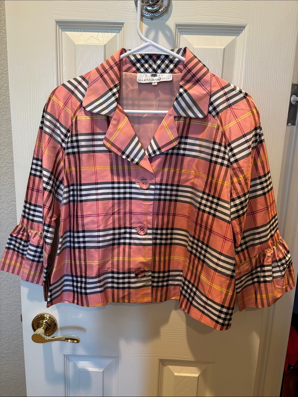 Vintage Marisa Baratelli 100% Thai Silk Cropped Plaid Jacket Pink Sz 6